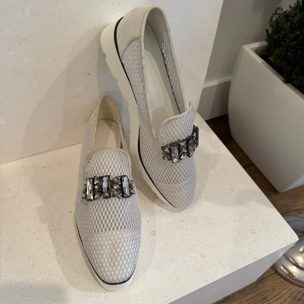 Embellished Cream Mesh Slip-On Loafers